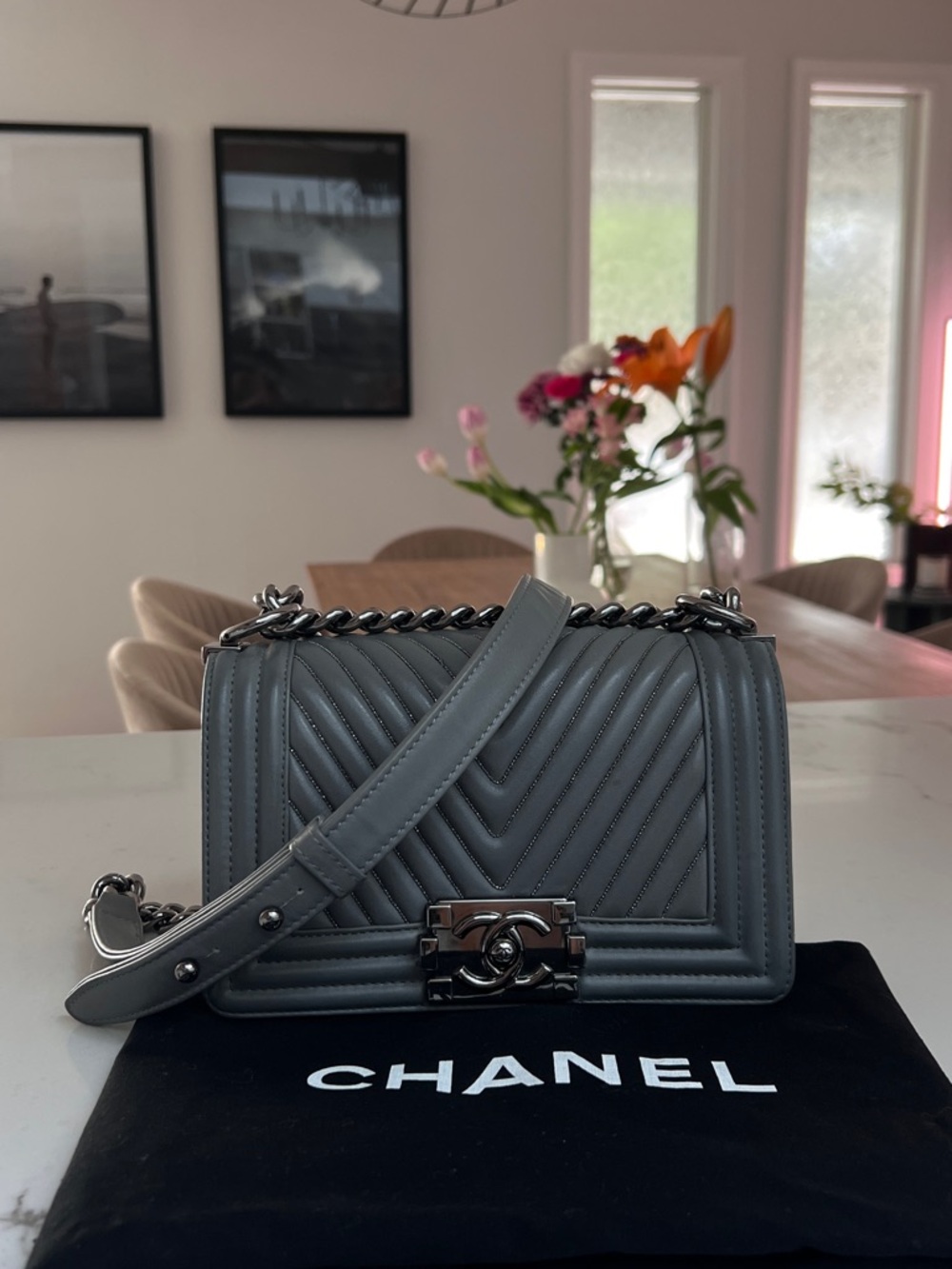 CHANEL Gray Chevron Boy Bag